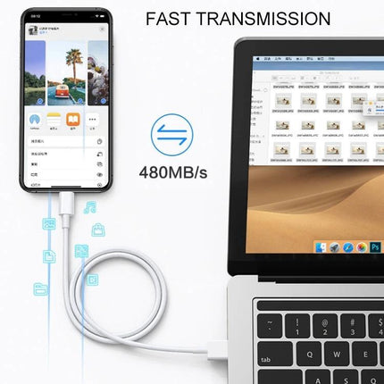 USB Cable for Charging and Syncing Devices in Daily Use showing phone connected to laptop for fast 480MB/s data transfer and charging