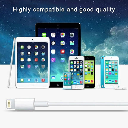 USB Cable for Charging and Syncing Devices in Daily Use — white 8‑pin cable shown with compatible iPhone and iPad devices, lightweight and portable