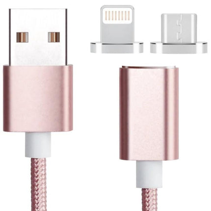 A Magnetic Cable for Daily Device Charging and Syncing - rose gold braided magnetic charging cable with USB plug and two magnetic tips (Lightning & Micro‑USB)