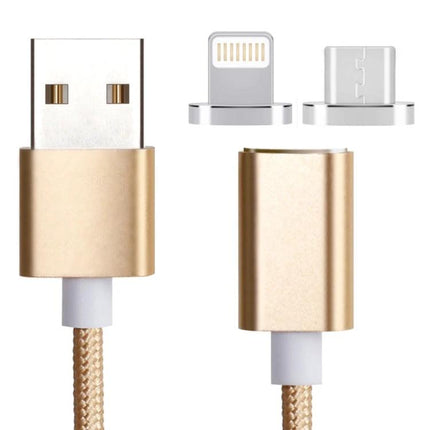 A Magnetic Cable for Daily Device Charging and Syncing - gold braided magnetic charging cable with USB and interchangeable lightning and micro‑USB tips