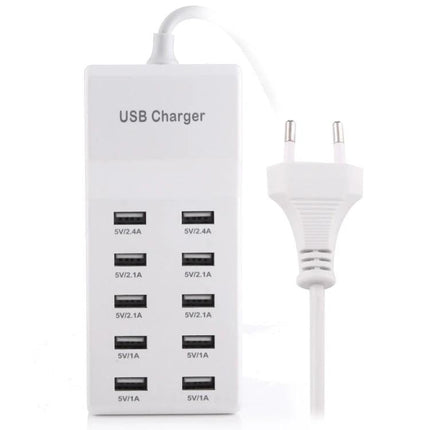 Versatile 10-Port USB Charger for Everyday Home Devices white multi-port unit with EU plug and labeled USB outputs