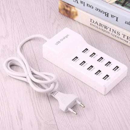 Versatile 10-Port USB Charger for Everyday Home Devices white multi-port USB charger on wooden desk with cable and plug