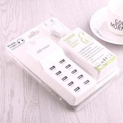 Versatile 10-Port USB Charger for Everyday Home Devices white multi-port USB charging station in retail packaging