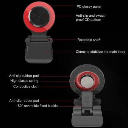 A9 Joystick Holder for Mobile Gaming During Daily Commutes showing red-black clamp, rotatable shaft, anti-slip rubber pads and 180° reversible buckle