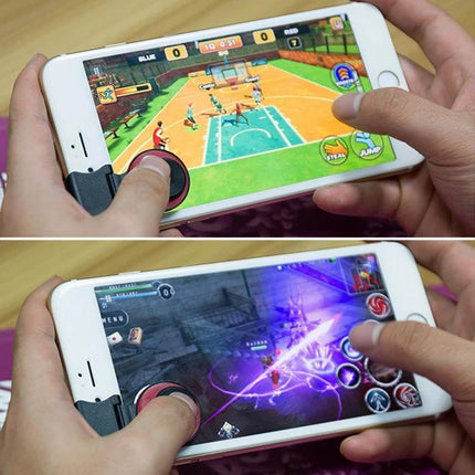 A9 Joystick Holder for Mobile Gaming During Daily Commutes attached to phone showing hands playing two mobile games on a crowded-commute friendly grip
