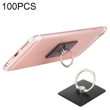 Universal Finger Ring Phone Holder for Hands-Free Viewing — black square base metal ring mounted on rose gold smartphone