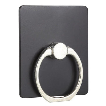 Universal Finger Ring Phone Holder for Hands-Free Viewing on black square mount, silver rotating ring for secure grip and stand