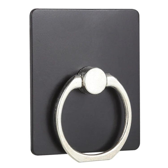 Universal Finger Ring Phone Holder for Hands-Free Viewing on black square mount, silver rotating ring for secure grip and stand