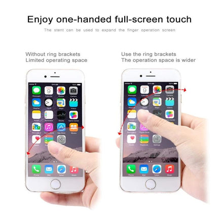 Universal Finger Ring Phone Holder for Hands-Free Viewing showing one-handed full-screen touch comparison with and without ring