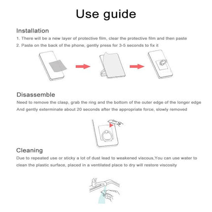 Universal Finger Ring Phone Holder for Hands-Free Viewing installation and use guide showing attach, disassemble, and cleaning steps