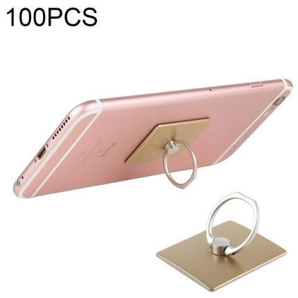 Universal Finger Ring Phone Holder for Hands-Free Viewing on rose gold smartphone, gold square base and metal ring stand
