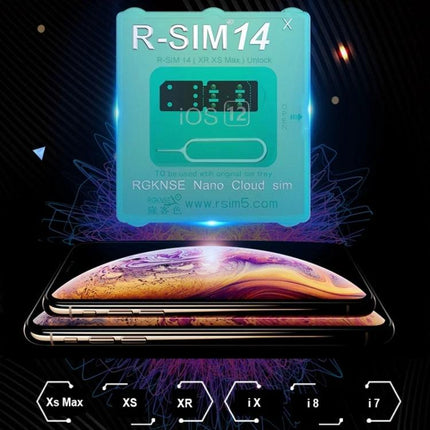 R-SIM Universal SIM Adapter for iPhone Carrier Switching showing R-SIM14 unlock card above stacked iPhone models for easy carrier switching