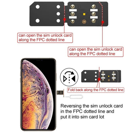 R-SIM Universal SIM Adapter for iPhone Carrier Switching showing SIM unlock card folded and inserted into iPhone for carrier switching