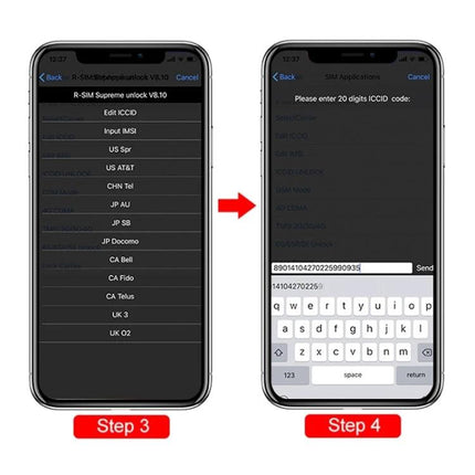 R-SIM Universal SIM Adapter for iPhone Carrier Switching showing step 3 menu and step 4 ICCID input on iPhone