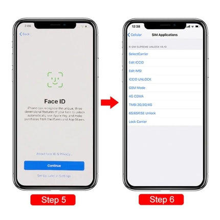 R-SIM Universal SIM Adapter for iPhone Carrier Switching showing iPhone Face ID screen and SIM Applications menu for ICCID unlock steps