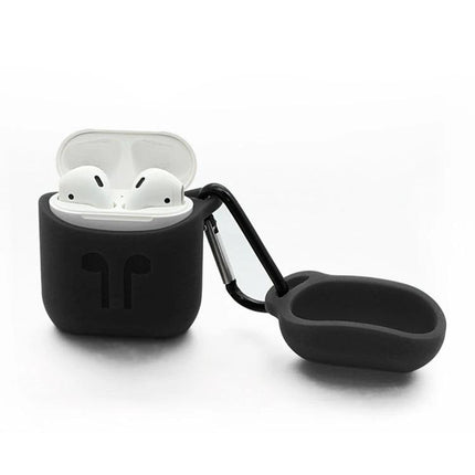 Compact Silicone Case for Everyday Earphone Storage on the Go with black silicone, keychain clip and earbuds inside
