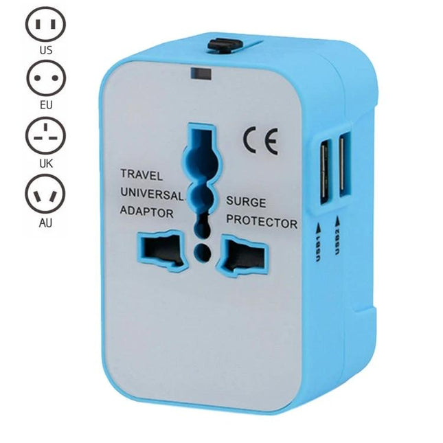 Universal Travel Adapter for International Device Charging compact blue adapter with USB ports and four plug support
