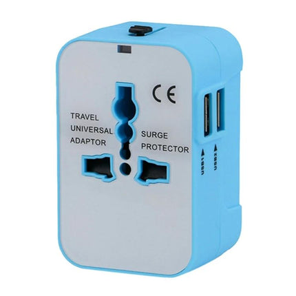 Universal Travel Adapter for International Device Charging compact blue surge protector with USB ports and four plug types