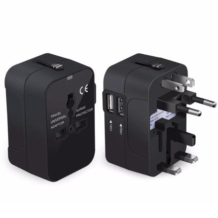 Universal Travel Adapter for International Device Charging compact black 4-plug types with USB ports for smartphones laptops cameras