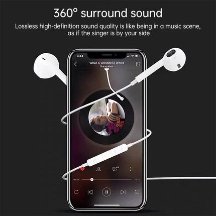 Wired Bluetooth Earphones With 1.2m Cable And 8 Pin Connector For Commute shown with smartphone and inline controls