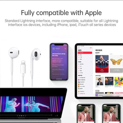 Wired Bluetooth Earphones With 1.2m Cable And 8 Pin Connector For Commute showing white earphones and compatible Apple devices