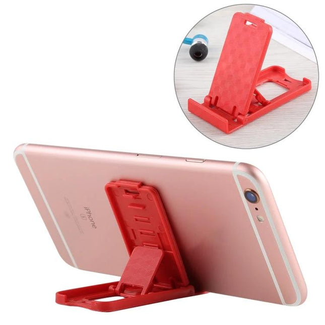 Mini Adjustable Foldable Phone Desk Holder for Viewing and Gaming - red compact stand holding smartphone at angled viewing and gaming position