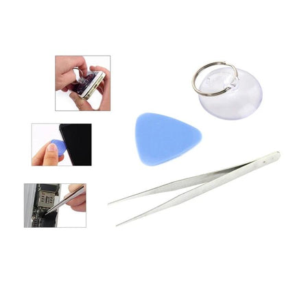 JIAFA Nine-in-One Battery Repair Tool Set for iPhone 8 showing suction cup, plastic pry pick and tweezers for DIY battery replacement