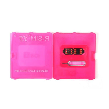 R-SIM 15 Card for iPhone Travel and Carrier Unlocking in pink case with SIM ejector tool and nano adapter