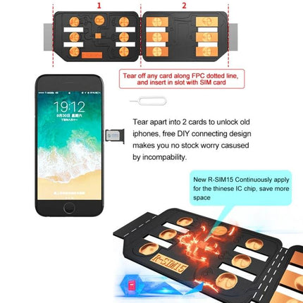 R-SIM 15 Card for iPhone Travel and Carrier Unlocking universal unlocking card showing SIM adapter, tear-apart design, and iPhone compatibility