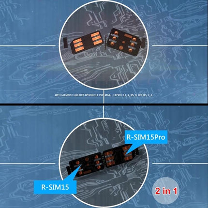 R-SIM 15 Card for iPhone Travel and Carrier Unlocking - 2-in-1 universal SIM unlock card shown with copper contacts for iPhone models like 11, X, XS, 8 series
