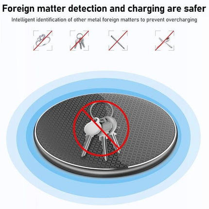 Essential K8 Wireless Charger for Daily Office Use showing foreign object detection preventing keys from charging on a desk charger