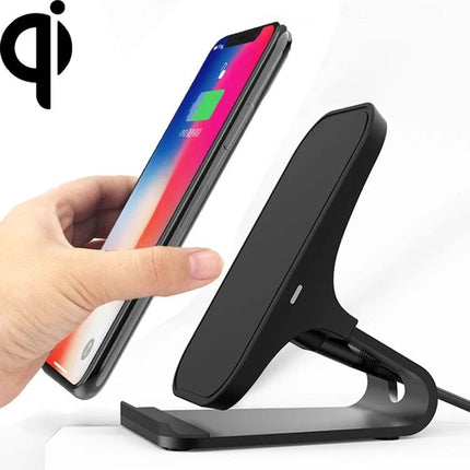 HAMTOD Charger for Daily Phone Use at Home and Travel - black Qi wireless stand showing phone being placed for hands-free charging