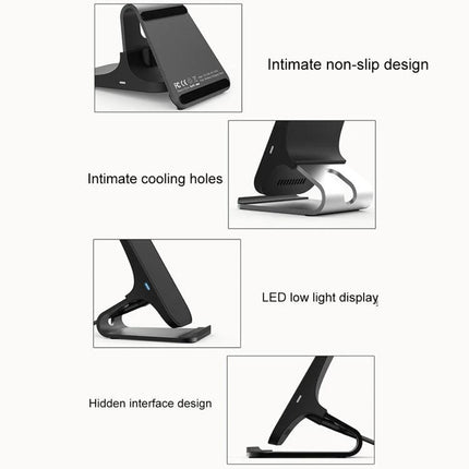 HAMTOD Charger for Daily Phone Use at Home and Travel – black wireless stand showing non-slip pads, cooling holes, LED low light display, and hidden interface design