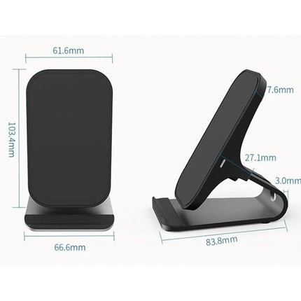 HAMTOD Charger for Daily Phone Use at Home and Travel - compact black Qi wireless stand showing front and side dimensions for desk and travel use