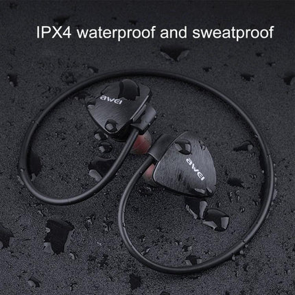 Awei Wireless Sport Headset For Running And Daily Commute shown wet to highlight IPX4 waterproof sweatproof rear-mounted design