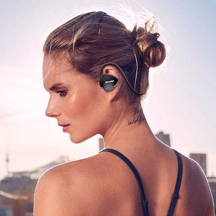 Awei Wireless Sport Headset For Running And Daily Commute woman wearing rear-mounted lightweight earphones during outdoor run