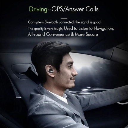 Wireless Earbuds With Secure Fit For Running And Commuting shown in a man driving using earbuds for calls and navigation while commuting