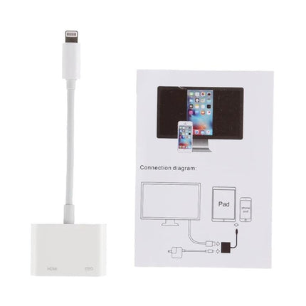 Cable Adapter for Everyday Phone Screen Sharing on TV — white 8-pin to HDMI adapter shown with connection diagram for mirroring phone to TV