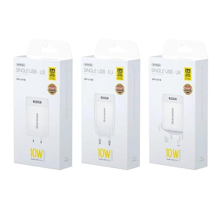 Essential WK USB Travel Charger for Everyday Charging - compact 10W single USB travel charger pack for US EU UK plugs