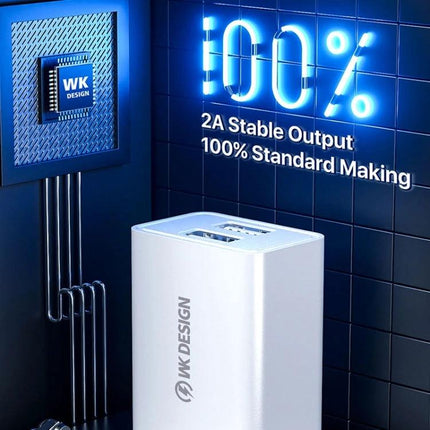 Essential WK USB Travel Charger for Everyday Charging - compact white dual USB wall charger for reliable 2A output on commutes and travel