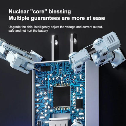 Compact Travel Charger for Daily Device Powering on the Go showing internal circuit board and robotic arms highlighting smart chip safety