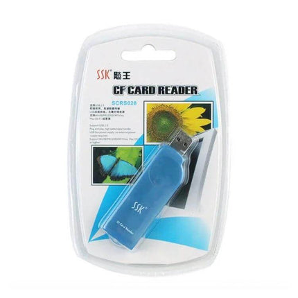 SSK Card Reader for Transferring Photos from Memory Cards - blue USB 2.0 CF card reader in retail packaging, plug-and-play
