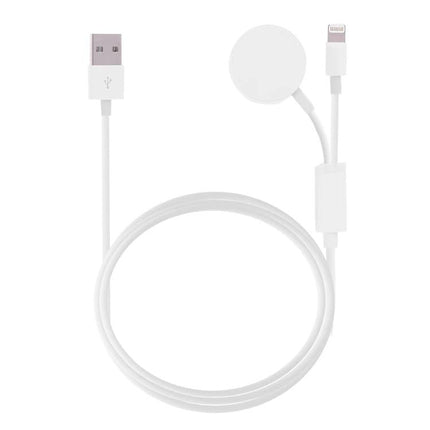 Magnetic Cable for Everyday iPhone and Apple Watch Charging - white dual charging cable with USB-A, Lightning and Apple Watch magnetic puck