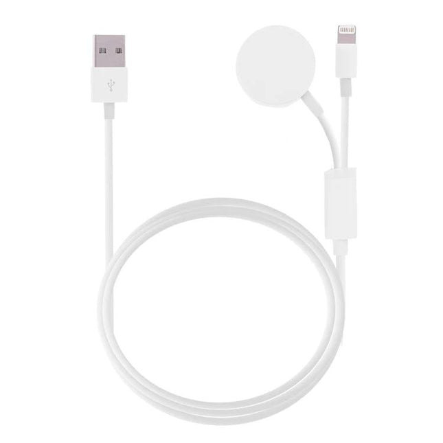 Magnetic Cable for Everyday iPhone and Apple Watch Charging - white dual charging cable with USB-A, Lightning and Apple Watch magnetic puck