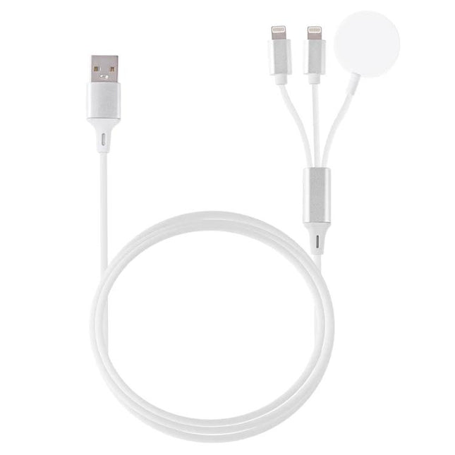 Essential Magnetic Cable for Daily iPhone and Watch Charging - white 3-in-1 USB to dual Lightning and magnetic Apple Watch charging cable