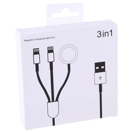 Essential Magnetic Cable for Daily iPhone and Watch Charging – 3in1 magnetic cable packaging showing dual iPhone connectors and watch charger