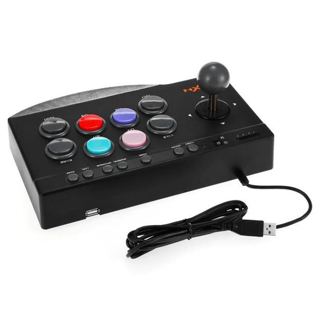 PXN Controller for Home Gaming and Entertainment Sessions - black arcade-style joystick with colored buttons and USB cable