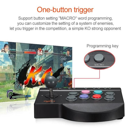 PXN Controller for Home Gaming and Entertainment Sessions - black arcade-style controller with joystick, colorful buttons and MACRO programming key