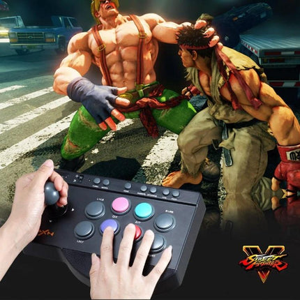 PXN Controller for Home Gaming and Entertainment Sessions with arcade fight pad in hands and Street Fighter V characters