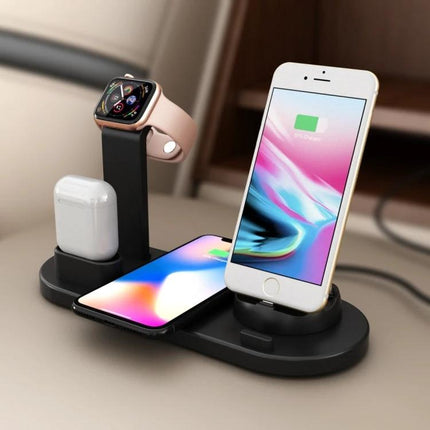 Practical Charging Stand for Multiple Devices in Daily Life showing phone, smartwatch and earbuds charging on a compact desktop dock